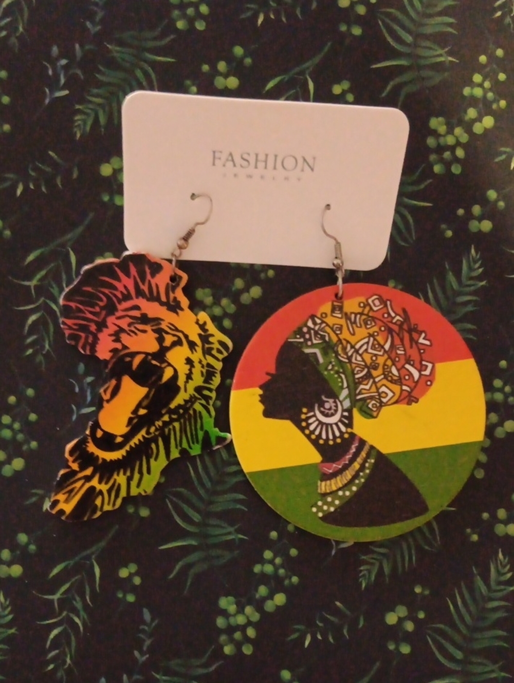 Rasta African Queen  Lion Assymetrical Wood Dangle Large Bold Colorful Earrings